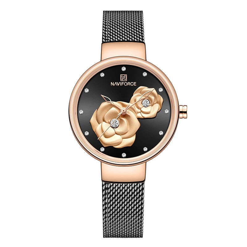 NAVIFORCE Watches Women Top Brand Luxury Steel Mesh Ladies Quartz Watch Beautiful Flower Charming Girl Clock Relogio Feminino