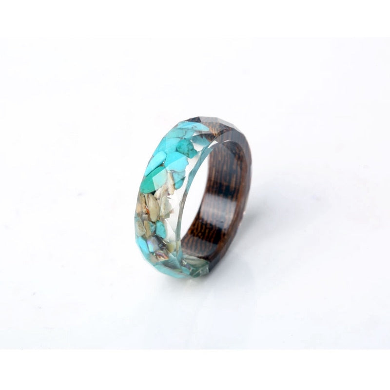 Vintag Blue Stones and Wood Rings Transparent Epoxy Resin Round Finger Rings For Women Men Jewelry Anillos Mujer Special Rings
