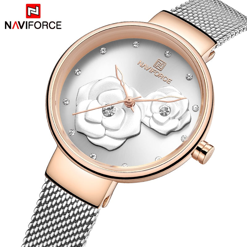 NAVIFORCE Watches Women Top Brand Luxury Steel Mesh Ladies Quartz Watch Beautiful Flower Charming Girl Clock Relogio Feminino