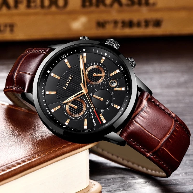 LIGE New Mens Watches Top Brand Luxury Military Sport Watch Men Leather Waterproof Clock Quartz Wristwatch Relogio Masculino+Box