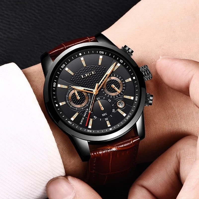 LIGE New Mens Watches Top Brand Luxury Military Sport Watch Men Leather Waterproof Clock Quartz Wristwatch Relogio Masculino+Box