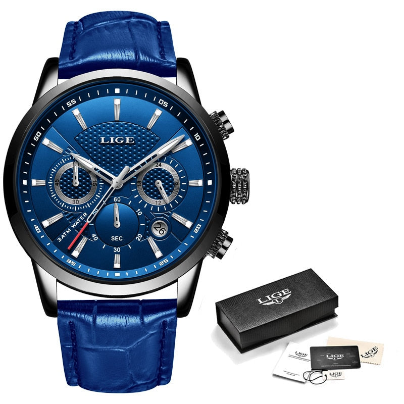 LIGE New Mens Watches Top Brand Luxury Military Sport Watch Men Leather Waterproof Clock Quartz Wristwatch Relogio Masculino+Box