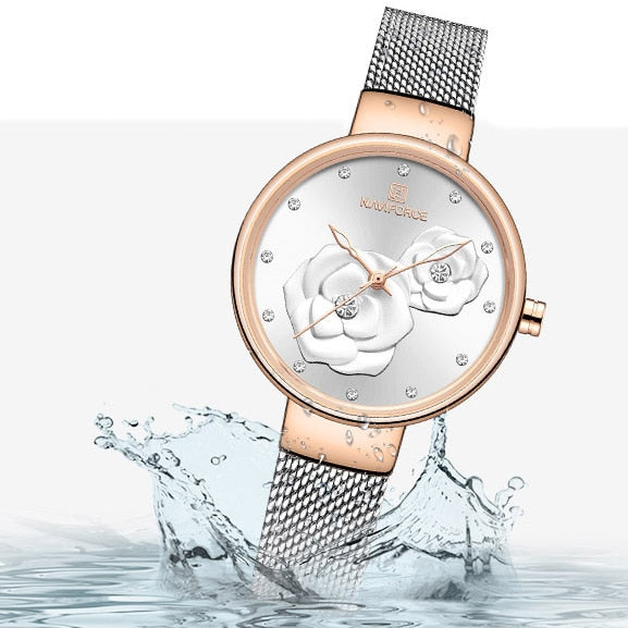 NAVIFORCE Watches Women Top Brand Luxury Steel Mesh Ladies Quartz Watch Beautiful Flower Charming Girl Clock Relogio Feminino