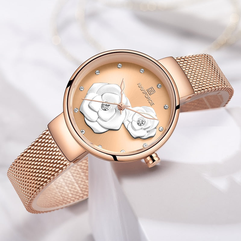NAVIFORCE Watches Women Top Brand Luxury Steel Mesh Ladies Quartz Watch Beautiful Flower Charming Girl Clock Relogio Feminino
