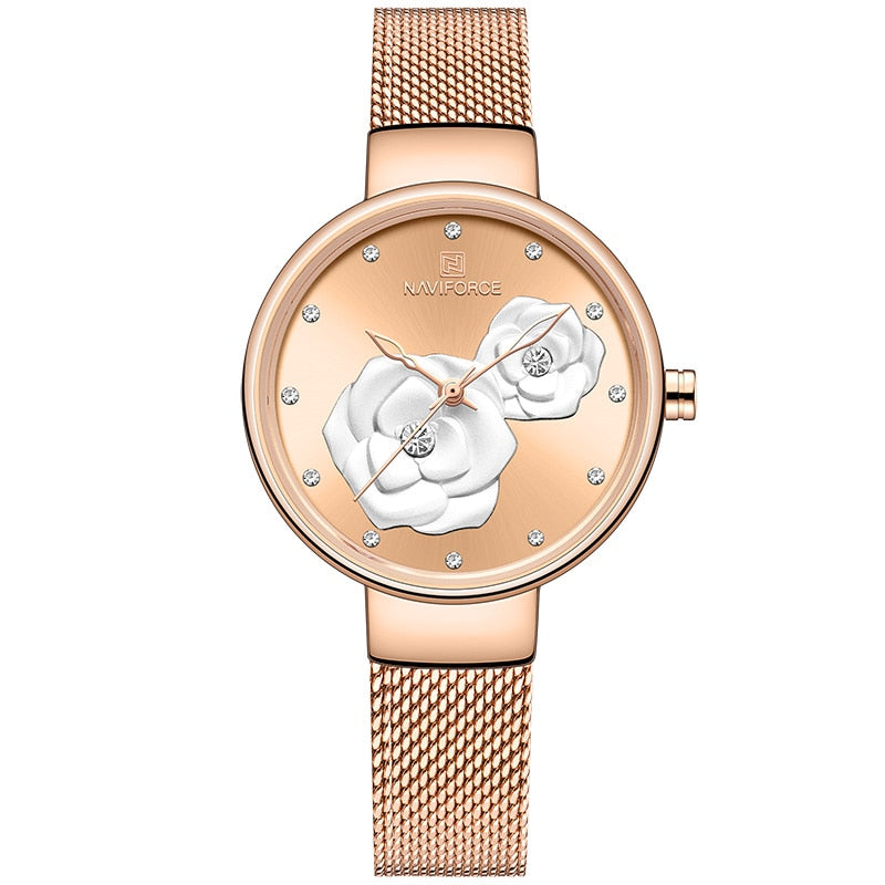 NAVIFORCE Watches Women Top Brand Luxury Steel Mesh Ladies Quartz Watch Beautiful Flower Charming Girl Clock Relogio Feminino