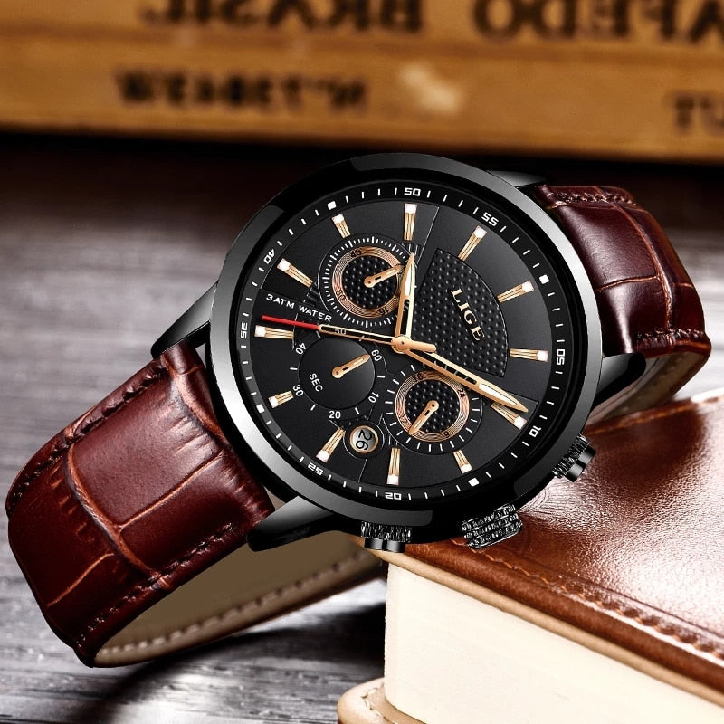 LIGE New Mens Watches Top Brand Luxury Military Sport Watch Men Leather Waterproof Clock Quartz Wristwatch Relogio Masculino+Box