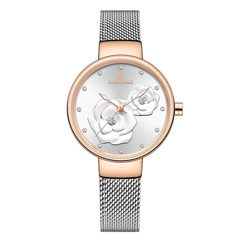 NAVIFORCE Watches Women Top Brand Luxury Steel Mesh Ladies Quartz Watch Beautiful Flower Charming Girl Clock Relogio Feminino