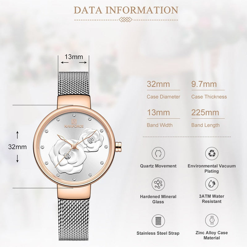 NAVIFORCE Watches Women Top Brand Luxury Steel Mesh Ladies Quartz Watch Beautiful Flower Charming Girl Clock Relogio Feminino