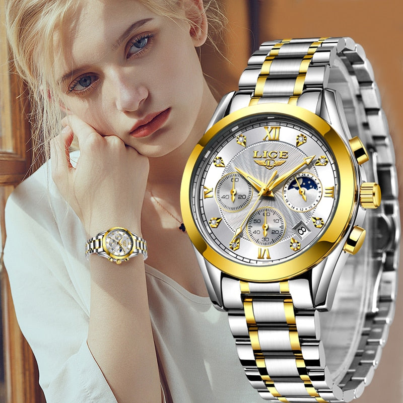 LIGE Fashion Women Watches Ladies Brand Luxury Stainless Steel Calendar Sport Quartz Watch Women Waterproof Watch Montre Femme