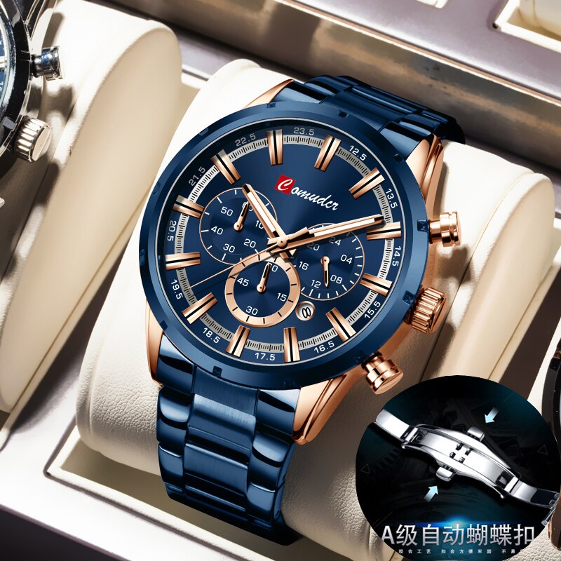 Comudir Men Watch Top Brand Luxury Sports Quartz Mens Watches Full Steel Waterproof Chronograph Wristwatch Men Large dial