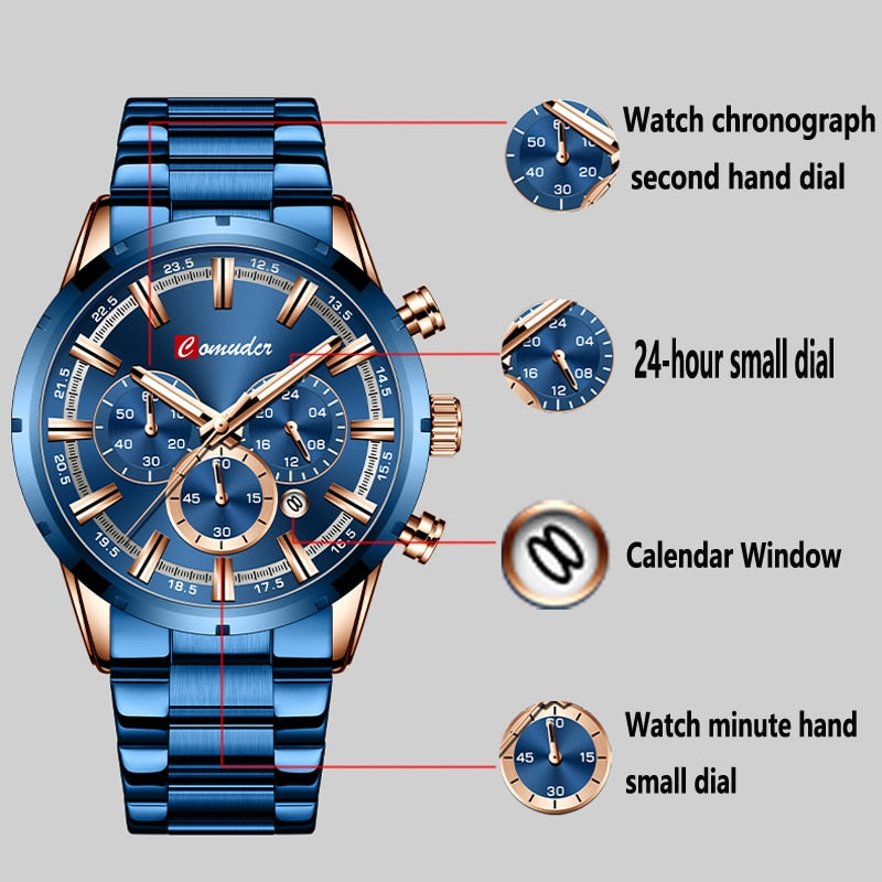 Comudir Men Watch Top Brand Luxury Sports Quartz Mens Watches Full Steel Waterproof Chronograph Wristwatch Men Large dial