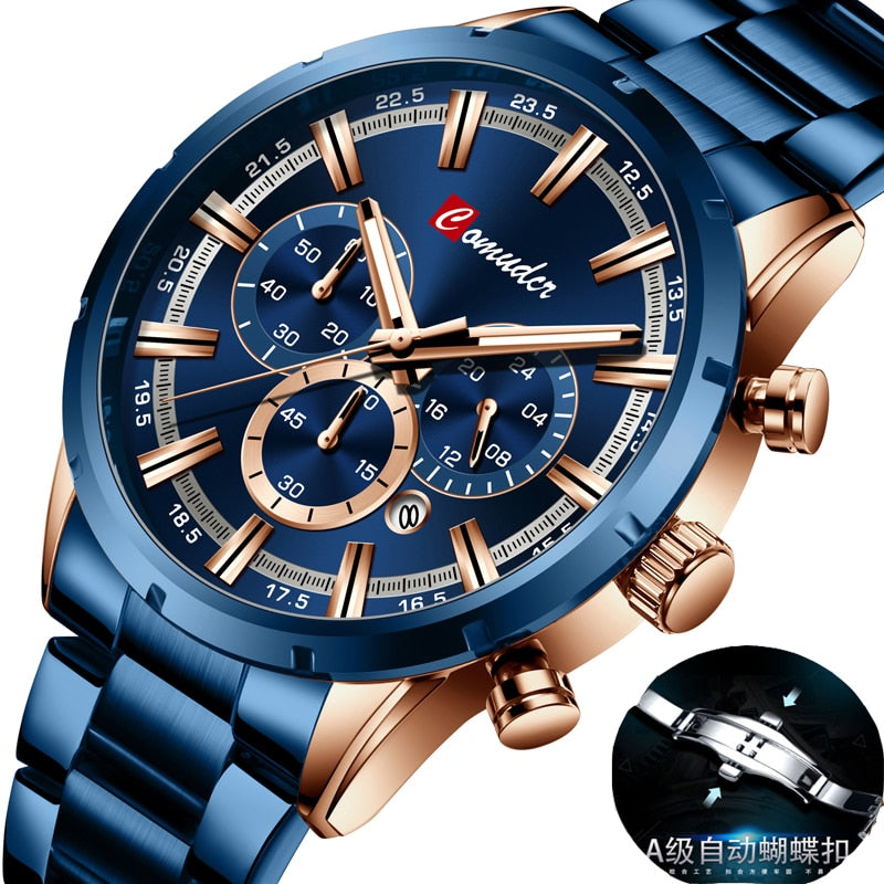 Comudir Men Watch Top Brand Luxury Sports Quartz Mens Watches Full Steel Waterproof Chronograph Wristwatch Men Large dial