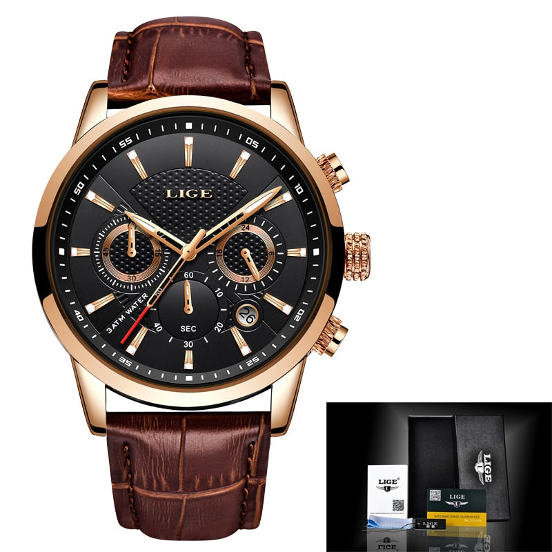 LIGE New Mens Watches Top Brand Luxury Military Sport Watch Men Leather Waterproof Clock Quartz Wristwatch Relogio Masculino+Box