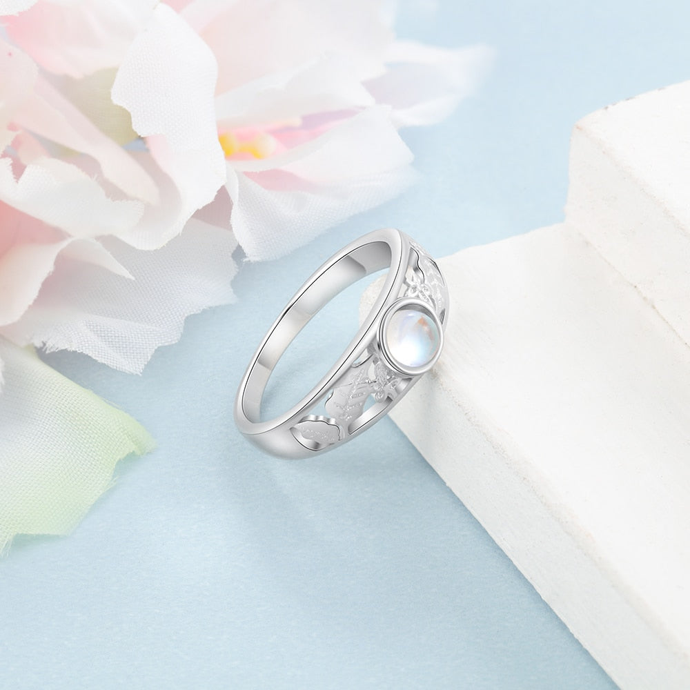Delicate 925 Sterling Silver Moonstone Rings for Women Hollow Pattern Ring Wedding Band Gift Silver 925 Jewelry (Lam Hub Fong)