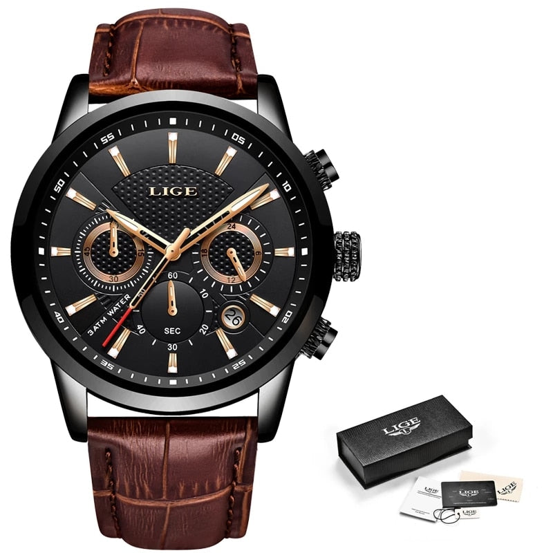 LIGE New Mens Watches Top Brand Luxury Military Sport Watch Men Leather Waterproof Clock Quartz Wristwatch Relogio Masculino+Box