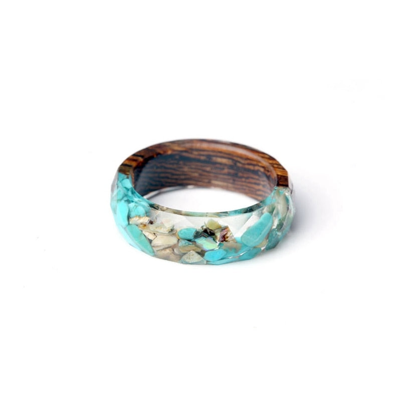 Vintag Blue Stones and Wood Rings Transparent Epoxy Resin Round Finger Rings For Women Men Jewelry Anillos Mujer Special Rings